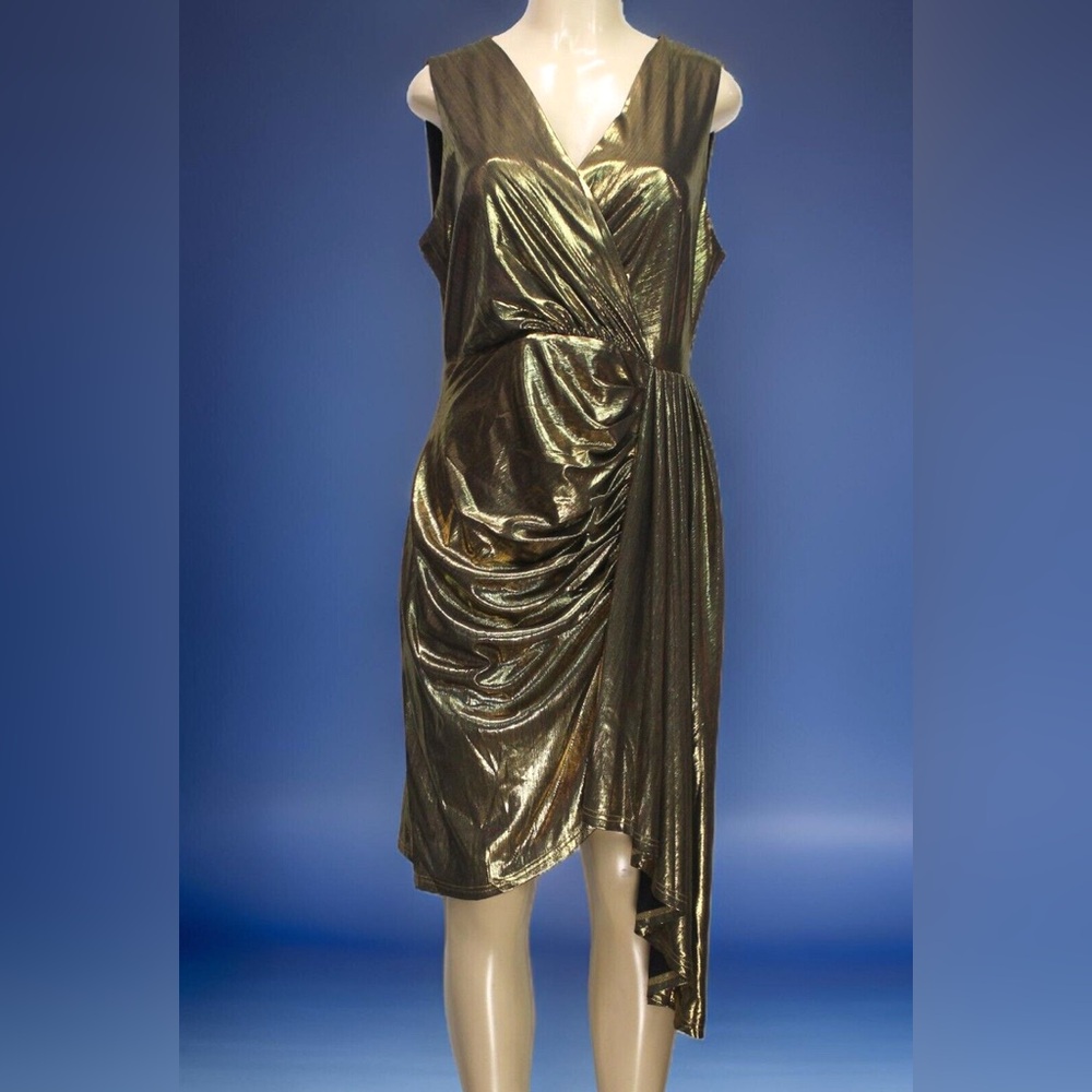New York & Company Asymmetrical Metallic Liquid Gold Dress NWT PTP 18-22 L 40